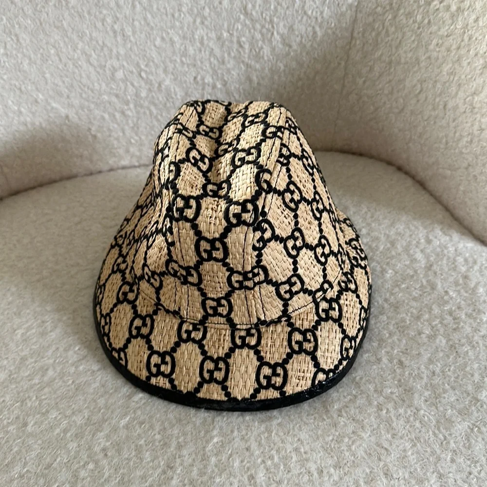 Gucci raffia natural and black GG bucket hat beige tan wicker - Picture 3 of 6